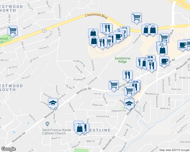 map of restaurants, bars, coffee shops, grocery stores, and more near 1300 Cresthill Road in Birmingham