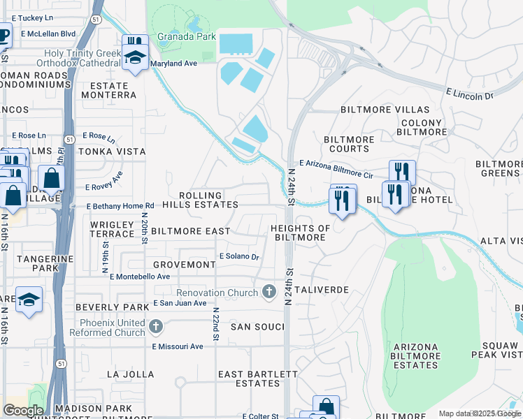 map of restaurants, bars, coffee shops, grocery stores, and more near 2301 Bethany Home Road in Phoenix