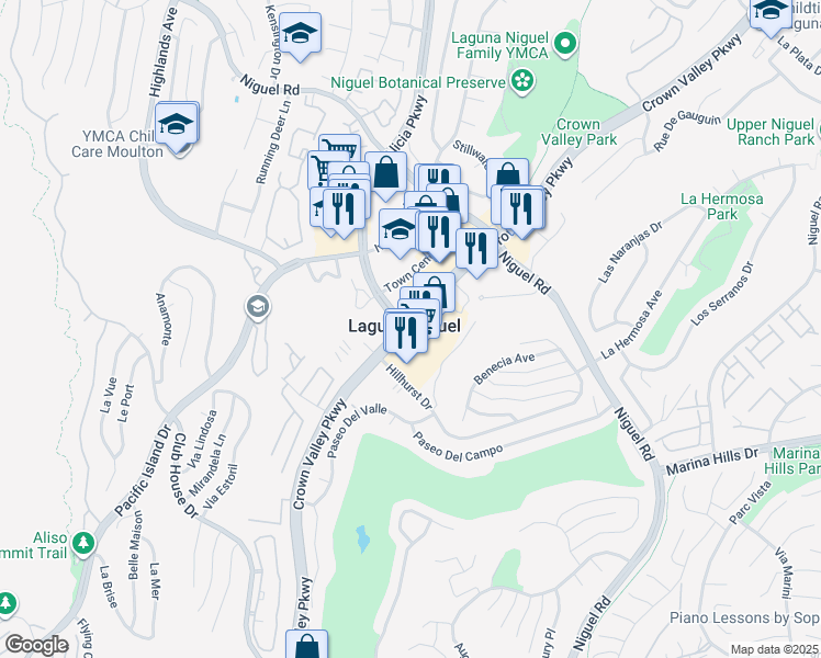 map of restaurants, bars, coffee shops, grocery stores, and more near 30250 Crown Valley Parkway in Laguna Niguel