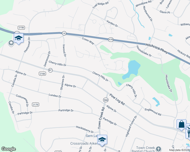 map of restaurants, bars, coffee shops, grocery stores, and more near 105 Cherry Hills Drive in Aiken
