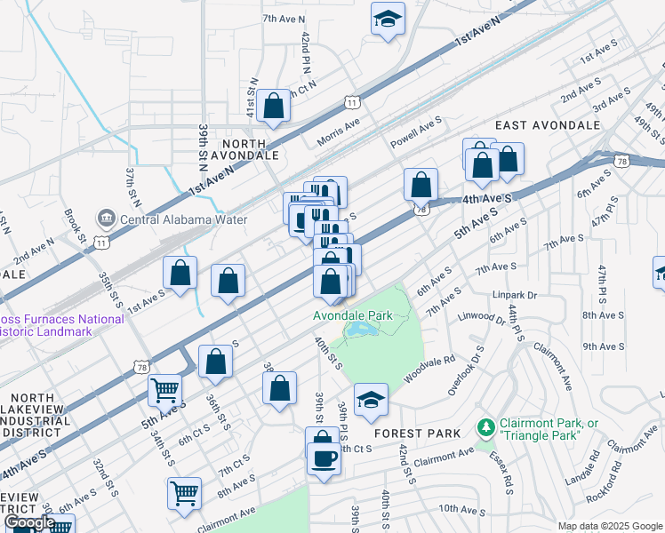 map of restaurants, bars, coffee shops, grocery stores, and more near 4101 3rd Avenue South in Birmingham