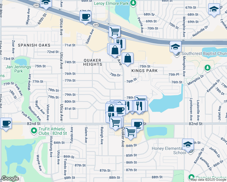 map of restaurants, bars, coffee shops, grocery stores, and more near 4415 77th Street in Lubbock