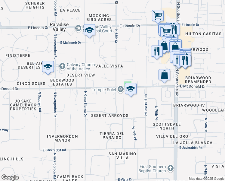 map of restaurants, bars, coffee shops, grocery stores, and more near 6743 East McDonald Drive in Paradise Valley