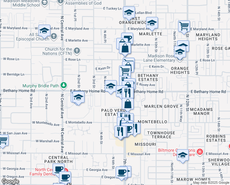 map of restaurants, bars, coffee shops, grocery stores, and more near 525 East Bethany Home Road in Phoenix