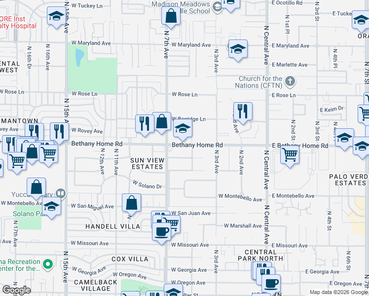 map of restaurants, bars, coffee shops, grocery stores, and more near 535 West Bethany Home Road in Phoenix