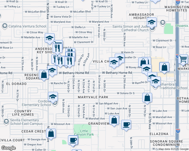 map of restaurants, bars, coffee shops, grocery stores, and more near 3117 West Bethany Home Road in Phoenix
