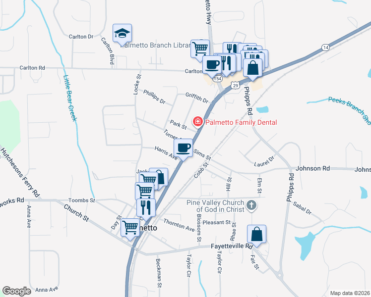 map of restaurants, bars, coffee shops, grocery stores, and more near 620 Roosevelt Highway in Palmetto
