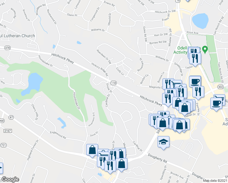 map of restaurants, bars, coffee shops, grocery stores, and more near 726 Oriole Street in Aiken