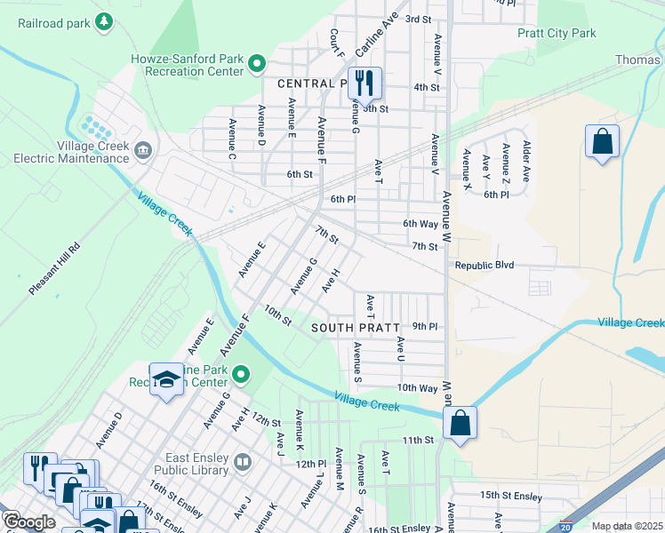 map of restaurants, bars, coffee shops, grocery stores, and more near 724 Avenue H in Birmingham