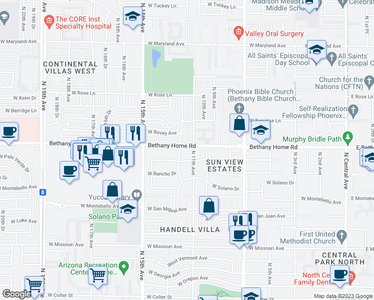 map of restaurants, bars, coffee shops, grocery stores, and more near 1111 West Bethany Home Road in Phoenix