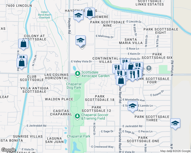 map of restaurants, bars, coffee shops, grocery stores, and more near 3 North 82nd Street in Scottsdale