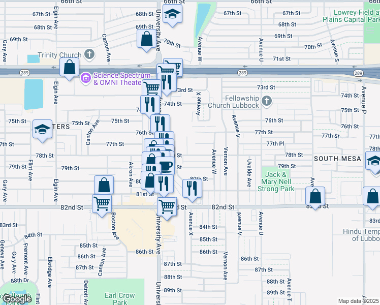 map of restaurants, bars, coffee shops, grocery stores, and more near 2320 78th Street in Lubbock