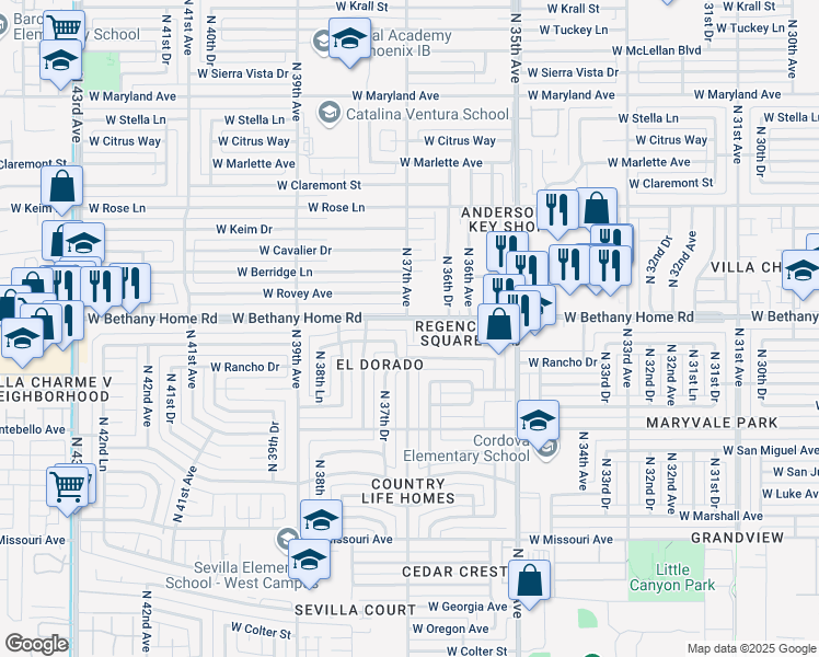 map of restaurants, bars, coffee shops, grocery stores, and more near 3645 West Bethany Home Road in Phoenix