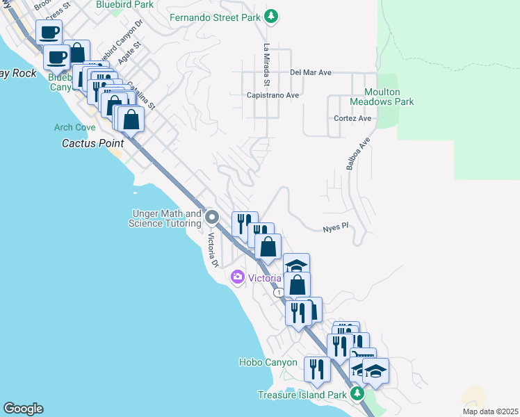 map of restaurants, bars, coffee shops, grocery stores, and more near 426 Nyes Place in Laguna Beach