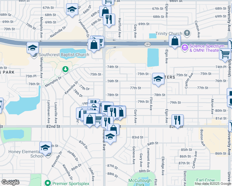 map of restaurants, bars, coffee shops, grocery stores, and more near 3304 78th Street in Lubbock