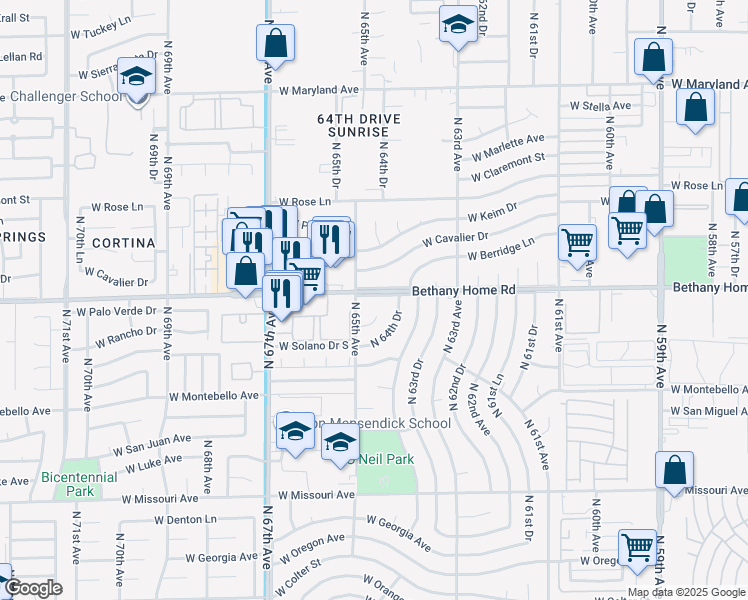 map of restaurants, bars, coffee shops, grocery stores, and more near 6443 West Bethany Home Road in Glendale
