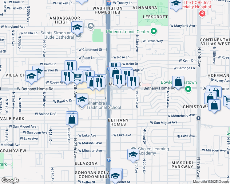 map of restaurants, bars, coffee shops, grocery stores, and more near 2417 West Bethany Home Road in Phoenix
