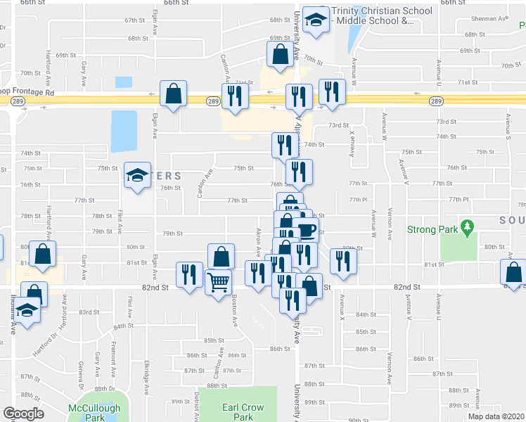 map of restaurants, bars, coffee shops, grocery stores, and more near 2606 78th Street in Lubbock