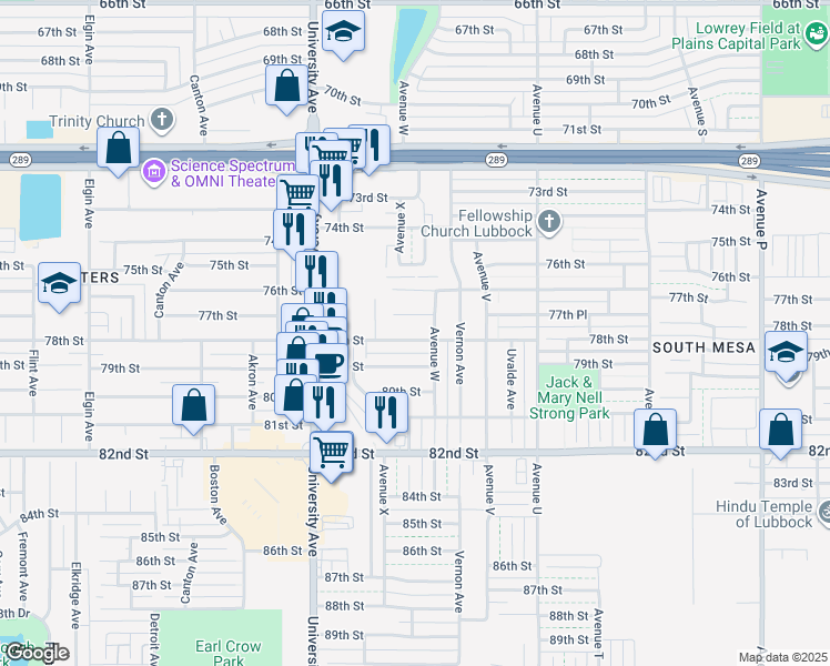 map of restaurants, bars, coffee shops, grocery stores, and more near 2308 78th Street in Lubbock