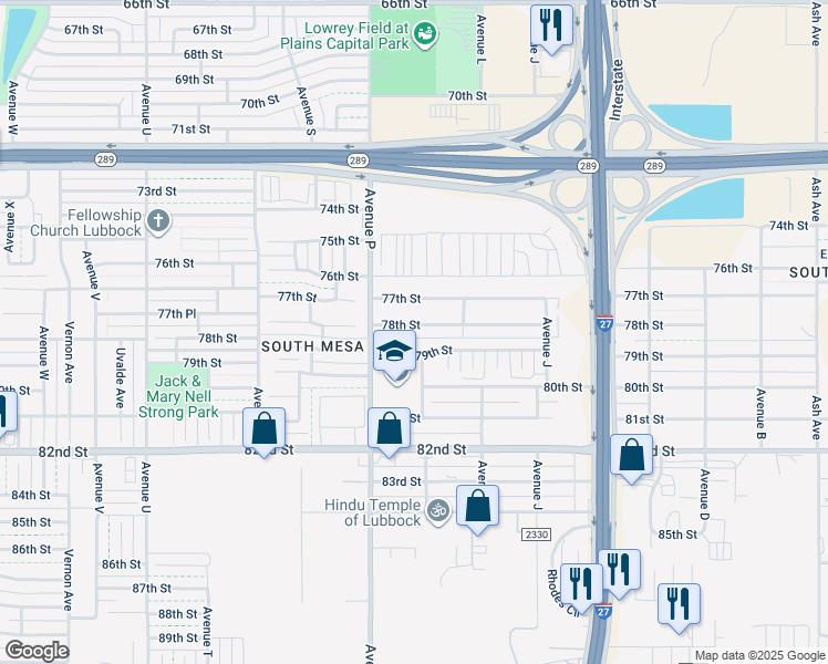 map of restaurants, bars, coffee shops, grocery stores, and more near 1423 78th Street in Lubbock