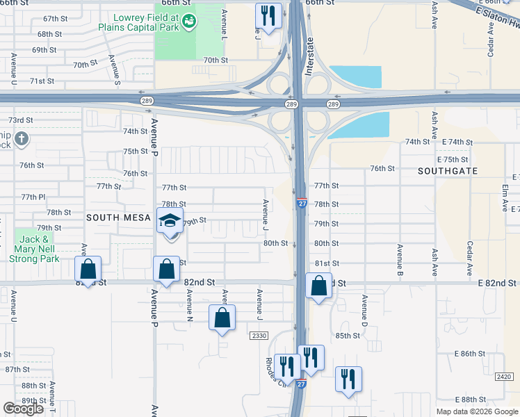 map of restaurants, bars, coffee shops, grocery stores, and more near 1103 78th Street in Lubbock