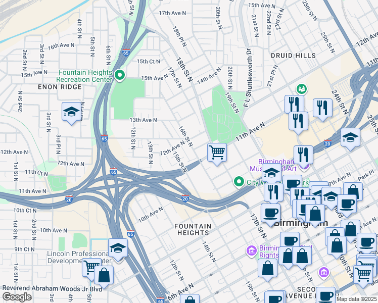 map of restaurants, bars, coffee shops, grocery stores, and more near 1120 16th Street North in Birmingham