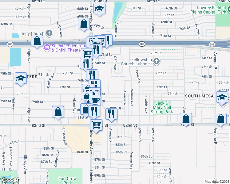 map of restaurants, bars, coffee shops, grocery stores, and more near 2308 78th Street in Lubbock