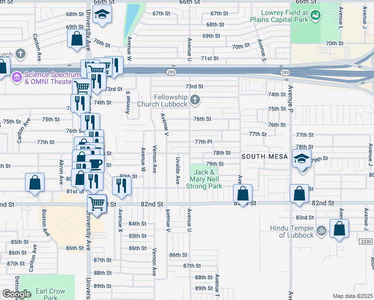 map of restaurants, bars, coffee shops, grocery stores, and more near 2102 78th Street in Lubbock