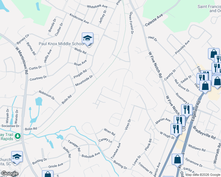 map of restaurants, bars, coffee shops, grocery stores, and more near 115 Cascade Drive in North Augusta