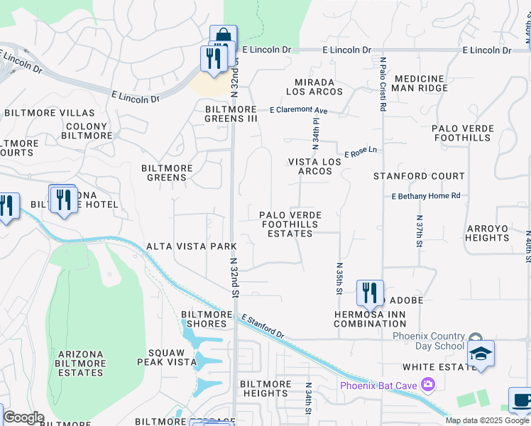 map of restaurants, bars, coffee shops, grocery stores, and more near 3282 East Palo Verde Drive in Paradise Valley