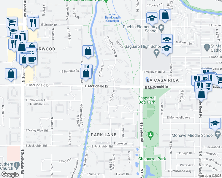 map of restaurants, bars, coffee shops, grocery stores, and more near 7701 East McDonald Drive in Scottsdale