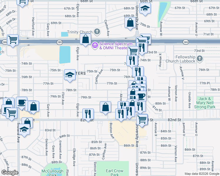 map of restaurants, bars, coffee shops, grocery stores, and more near 2622 78th Street in Lubbock