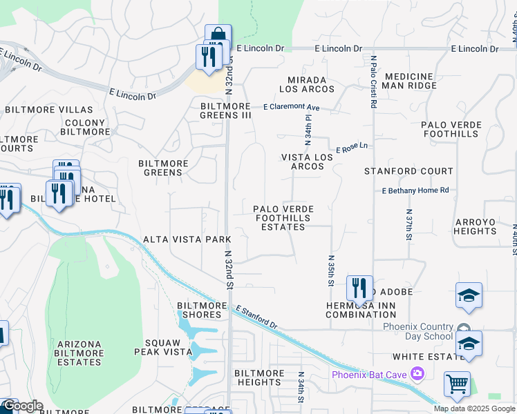 map of restaurants, bars, coffee shops, grocery stores, and more near 3282 East Palo Verde Drive in Paradise Valley