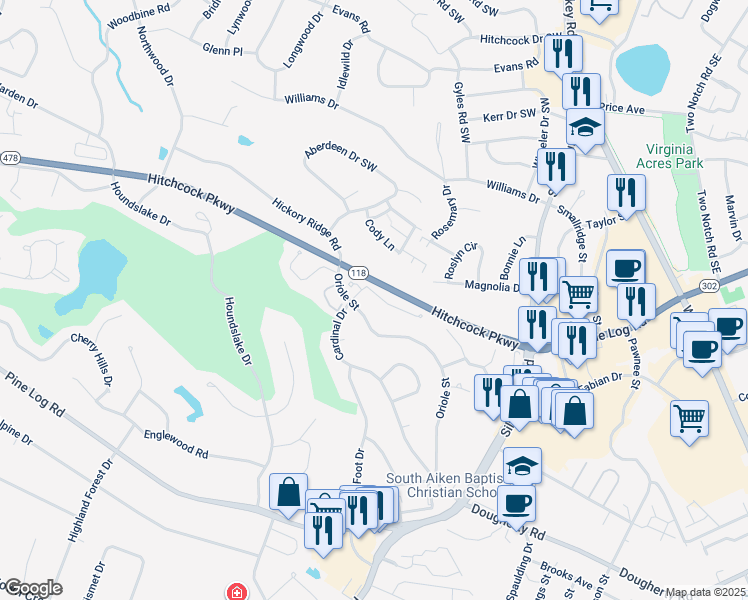 map of restaurants, bars, coffee shops, grocery stores, and more near 8 Bluff Pointe Way in Aiken