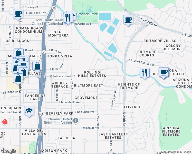 map of restaurants, bars, coffee shops, grocery stores, and more near 2131 East Bethany Home Road in Phoenix