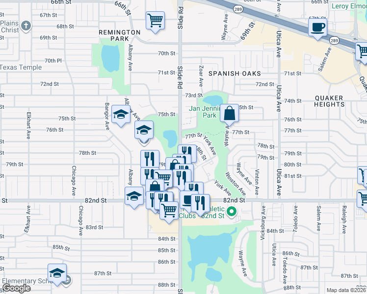 map of restaurants, bars, coffee shops, grocery stores, and more near 5110 78th Street in Lubbock
