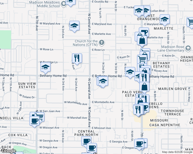 map of restaurants, bars, coffee shops, grocery stores, and more near 101 East Bethany Home Road in Phoenix