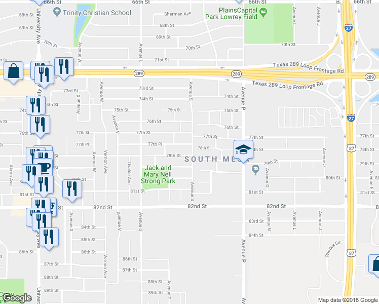 map of restaurants, bars, coffee shops, grocery stores, and more near 1902 78th Street in Lubbock