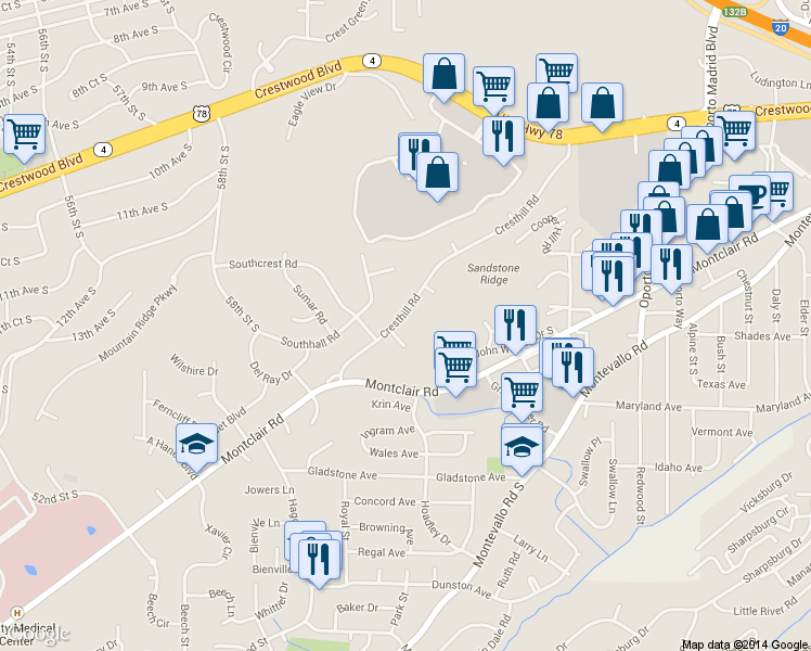 map of restaurants, bars, coffee shops, grocery stores, and more near 1321 Cresthill Road in Birmingham