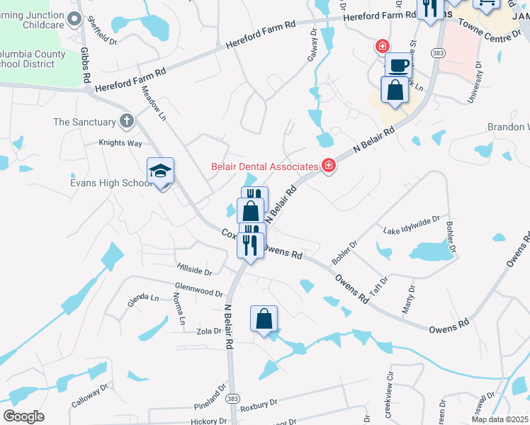 map of restaurants, bars, coffee shops, grocery stores, and more near 100 SRP Drive in Evans