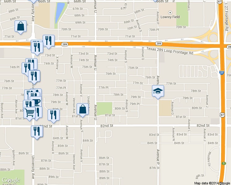 map of restaurants, bars, coffee shops, grocery stores, and more near 1916 78th St in Lubbock