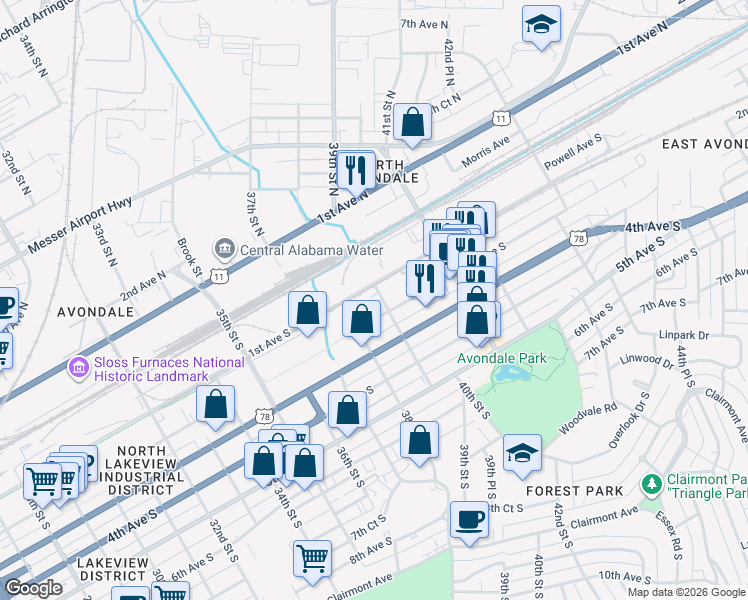 map of restaurants, bars, coffee shops, grocery stores, and more near 112 39th Street South in Birmingham
