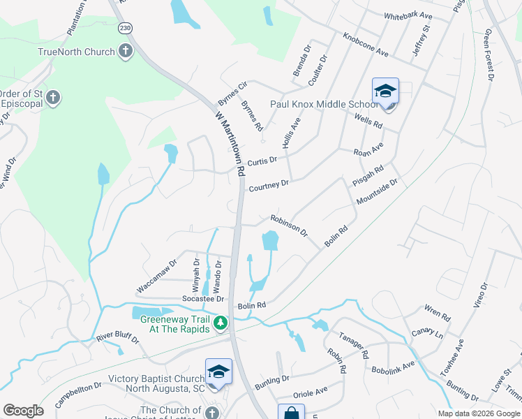 map of restaurants, bars, coffee shops, grocery stores, and more near 1808 Robinson Drive in North Augusta