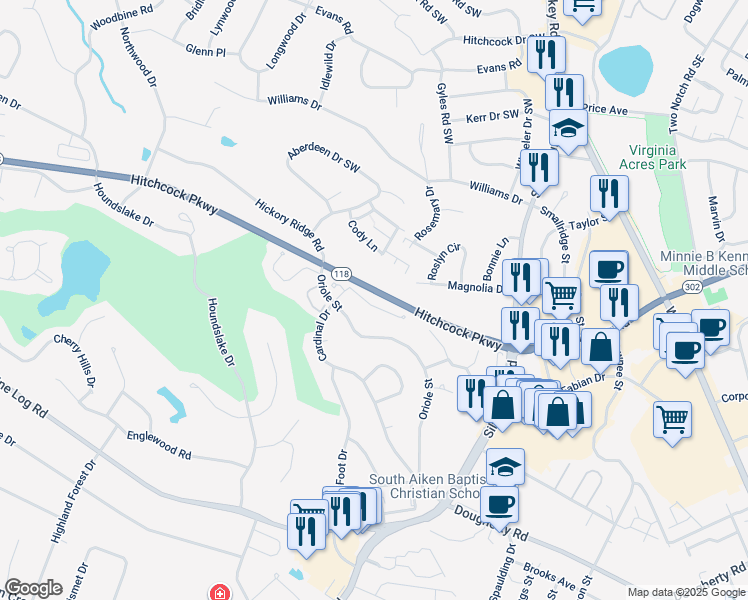 map of restaurants, bars, coffee shops, grocery stores, and more near 9 Bluff Pointe Way in Aiken