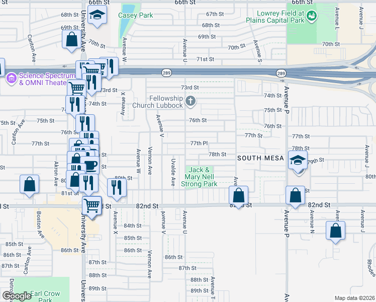 map of restaurants, bars, coffee shops, grocery stores, and more near 2102 78th Street in Lubbock