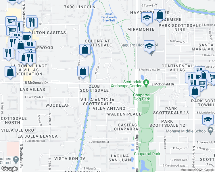 map of restaurants, bars, coffee shops, grocery stores, and more near 7701 East McDonald Drive in Scottsdale