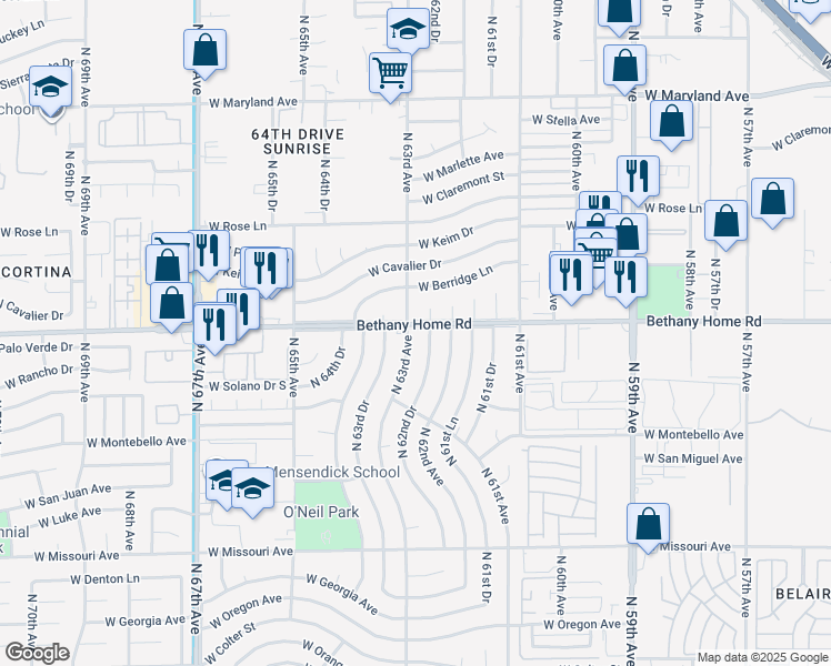 map of restaurants, bars, coffee shops, grocery stores, and more near 5845 North 62nd Drive in Glendale