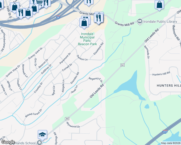 map of restaurants, bars, coffee shops, grocery stores, and more near 5103 Janet Lane in Irondale