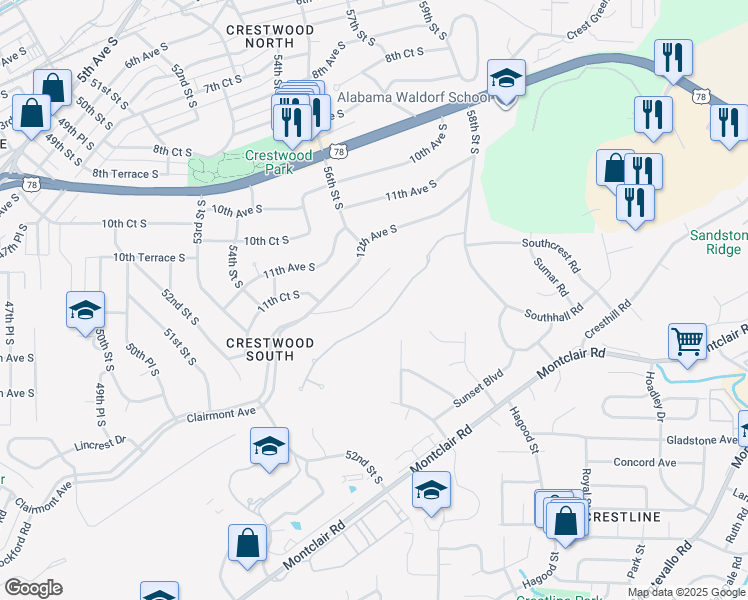 map of restaurants, bars, coffee shops, grocery stores, and more near 5561 13th Avenue South in Birmingham