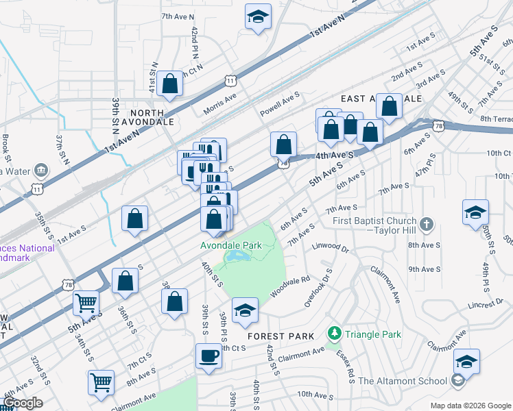map of restaurants, bars, coffee shops, grocery stores, and more near 4229 4th Avenue South in Birmingham